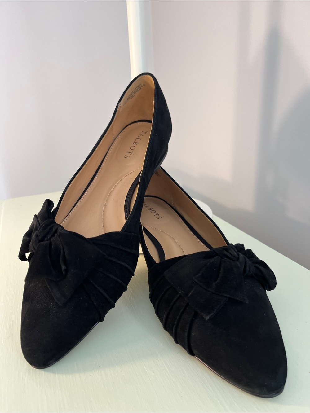 Talbots Black Suede Pointed-Toe Flats with Decorative Bow